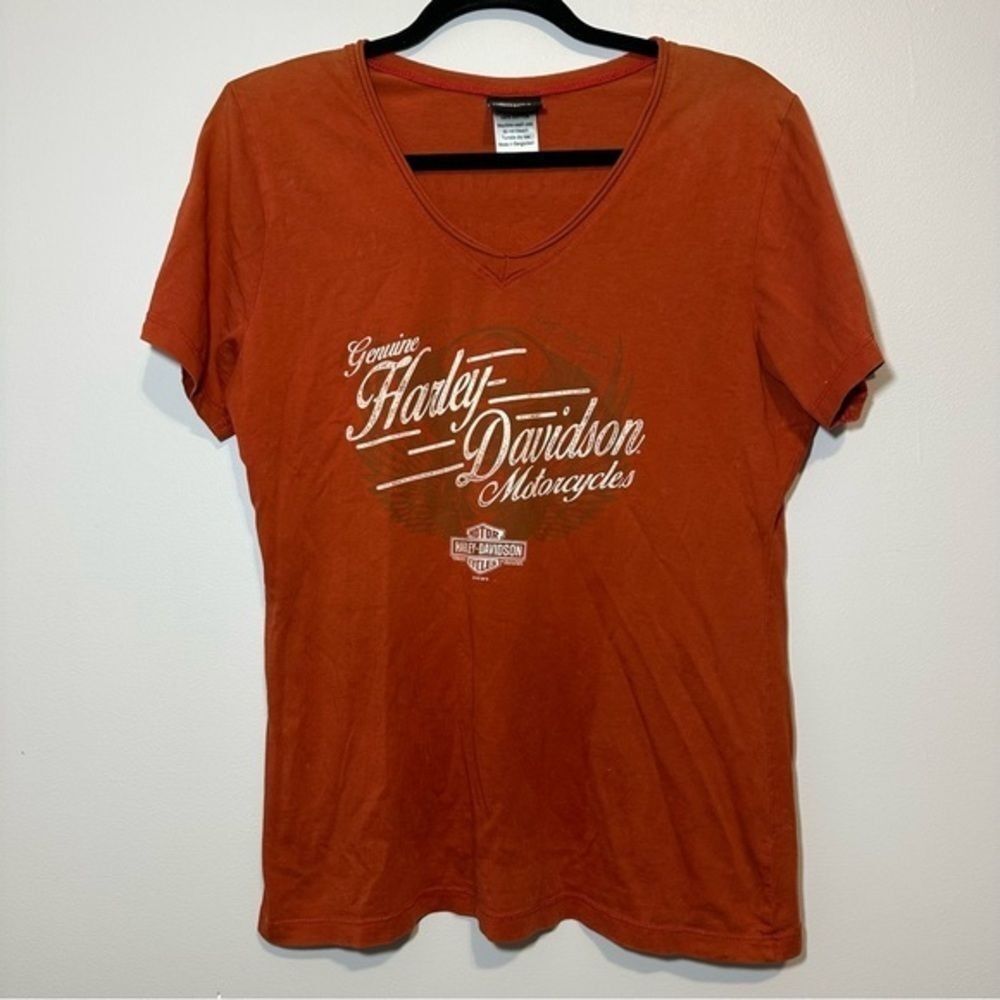 Harley-Davidson Large T-Shirt Orange Short Sleeve V-Neck Woodstock IL Graphic